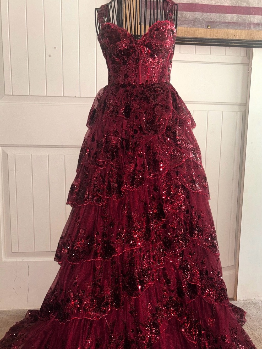 Blondie Nites Deep Burgundy Sequin Tiered Ball Gown